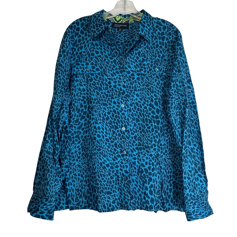 Jones New York Signature Vivid Blue Animal Print Roll-Tab Button Down Shirt XL